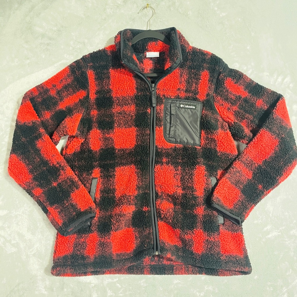 Columbia Sherpa Fleece Jacket Mens Large Red Black Excellent Buffalo Plaid Zip